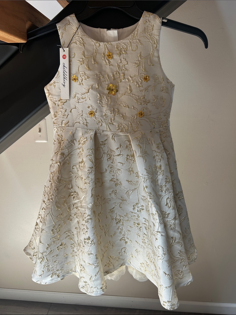 Sleeveless Ivory Dress with Gold Floral Appliqués - Kids